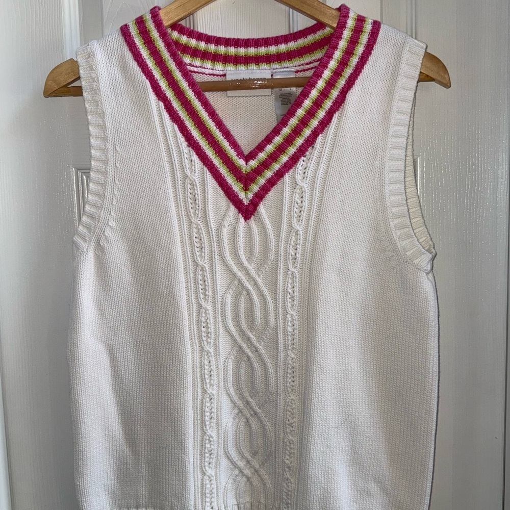 Vintage 90’s Liz Claiborne Sport Cable Knit Varsity Sweater Vest L White Pink
